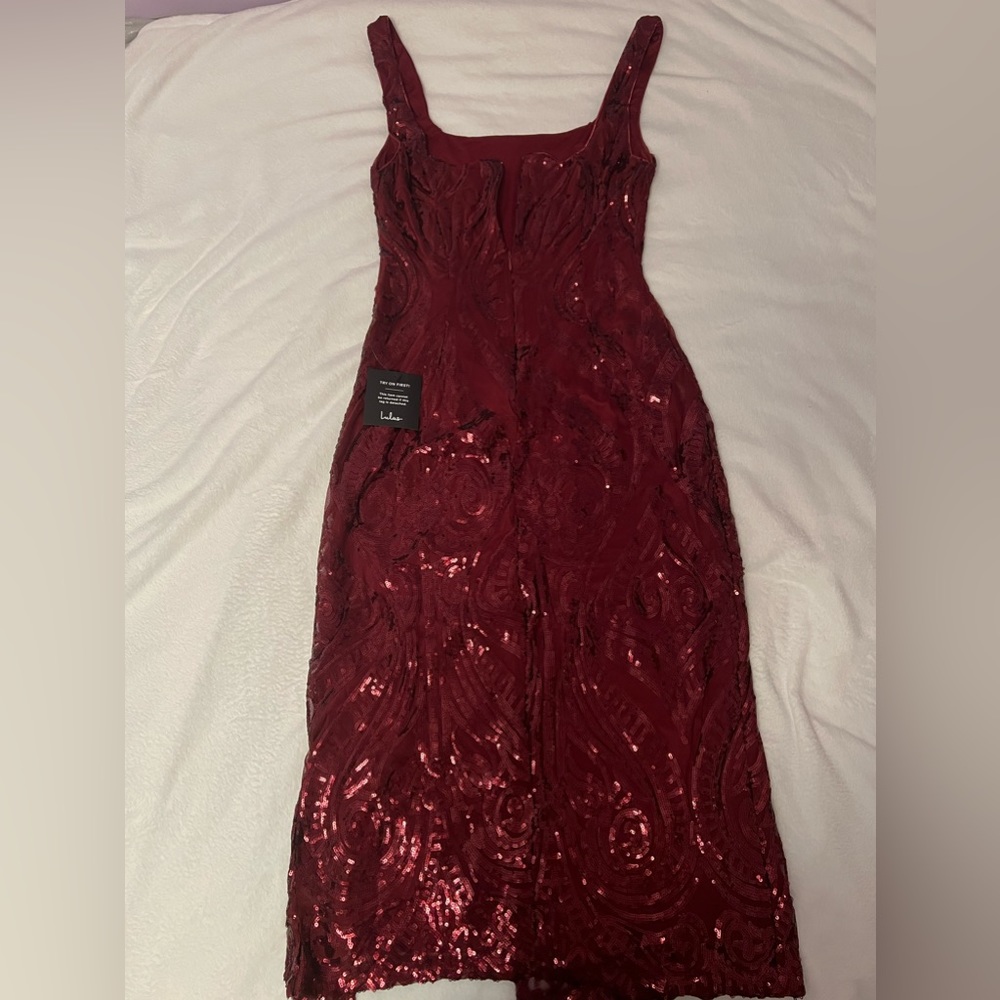Lulus midi sparkly red dress with slit, size medium